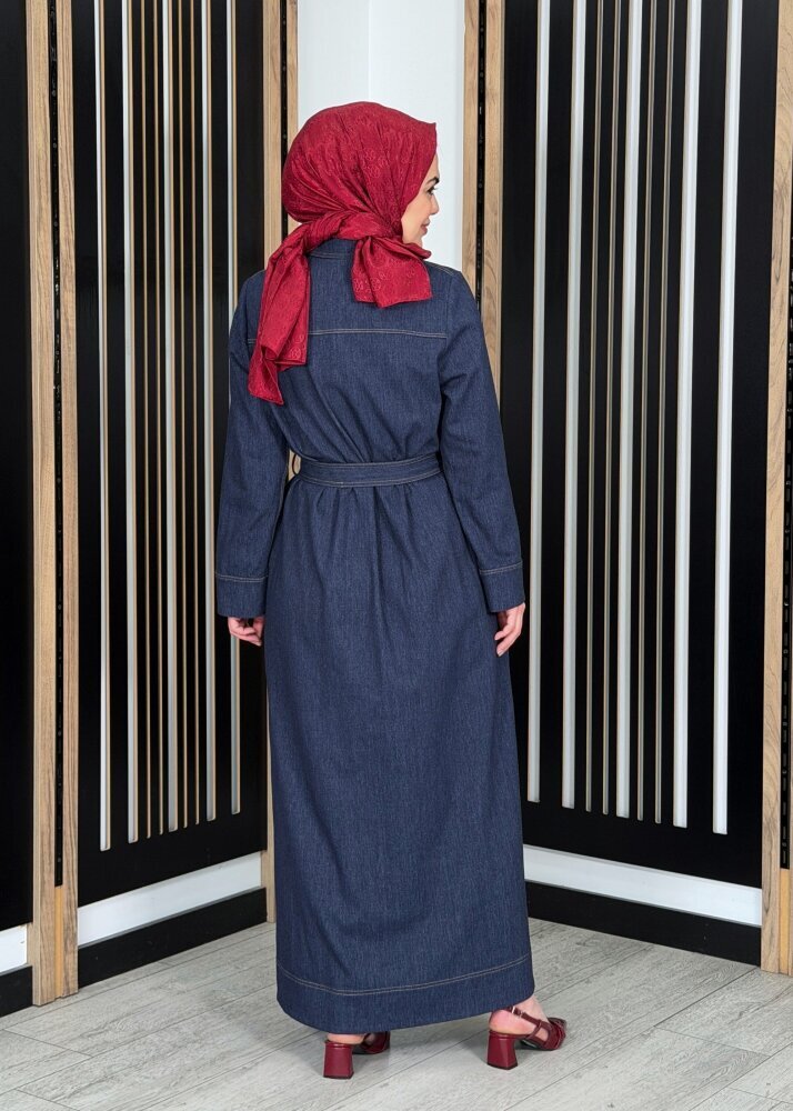 Miss Dalida Beli Kuşaklı Denim Gömlek Elbise Navy - 4