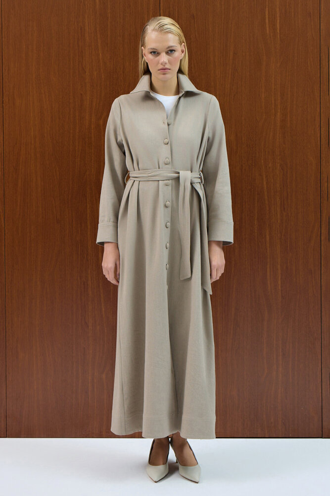 Miss Dalida Beli Kuşaklı Denim Gömlek Elbise Stone