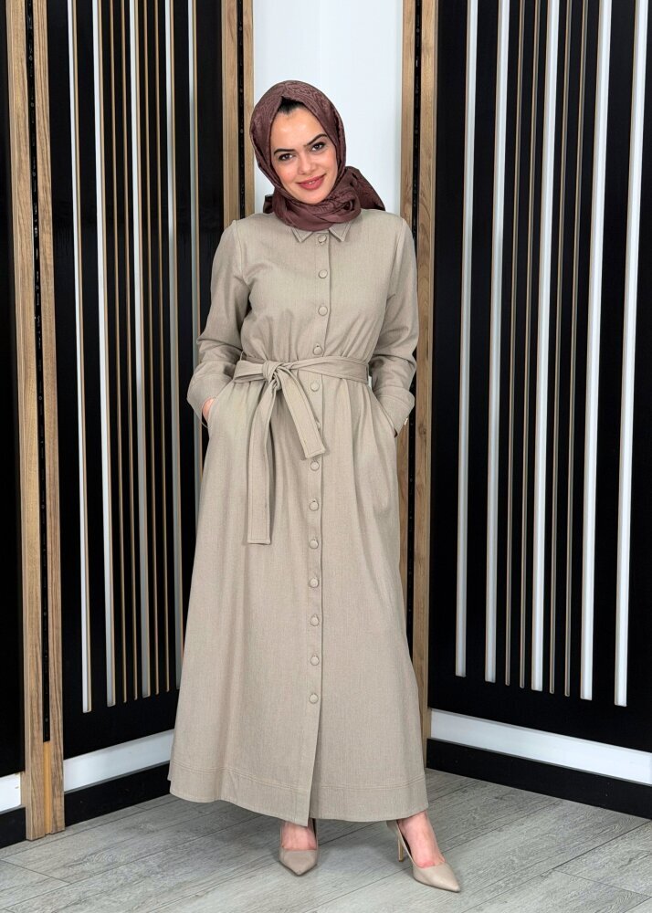 Miss Dalida Beli Kuşaklı Denim Gömlek Elbise Stone - 2