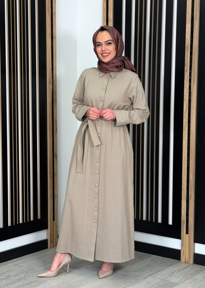 Miss Dalida Beli Kuşaklı Denim Gömlek Elbise Stone - 3