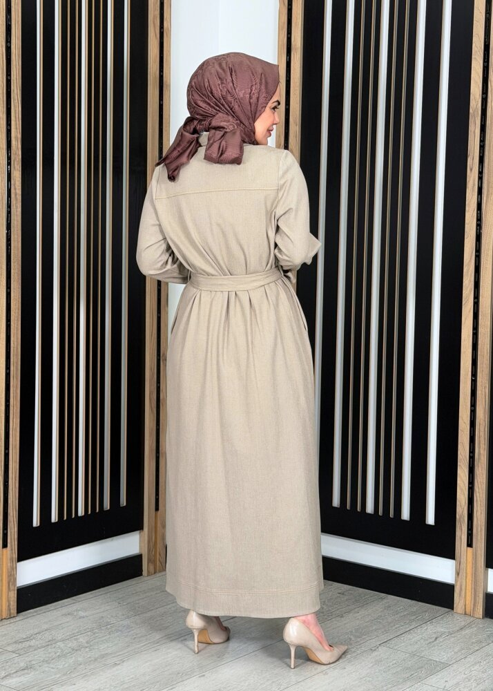 Miss Dalida Beli Kuşaklı Denim Gömlek Elbise Stone - 4
