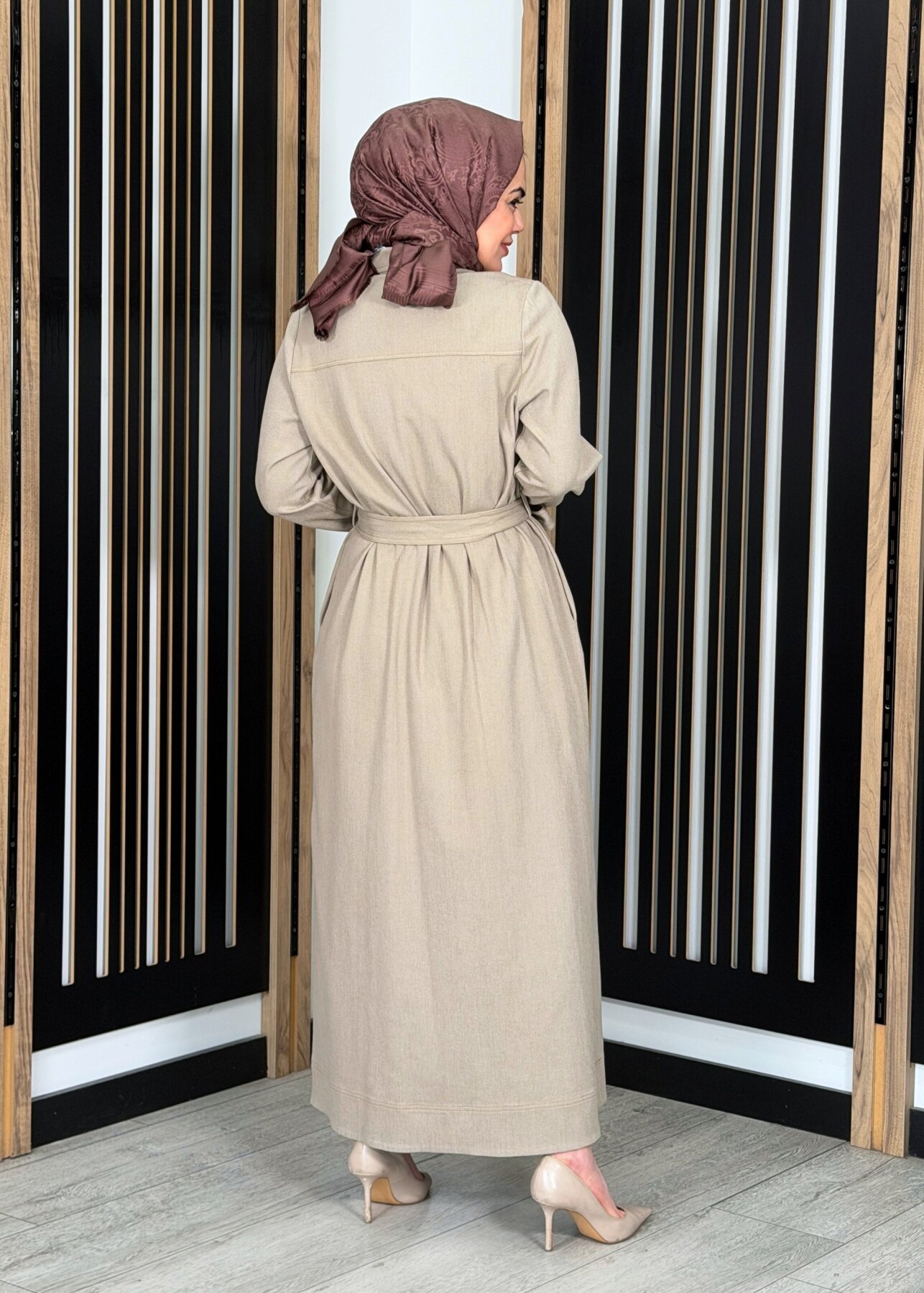 Miss Dalida Beli Kuşaklı Denim Gömlek Elbise Stone - 4