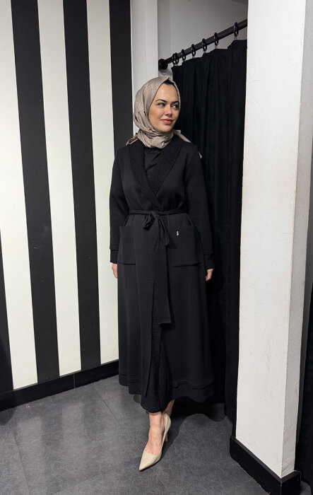 Miss Dalida Beli Kuşaklı Örgü Detaylı Hırka BLACK - 1