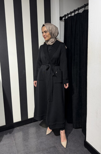 Miss Dalida Beli Kuşaklı Örgü Detaylı Hırka BLACK - 2