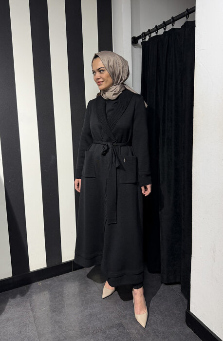 Miss Dalida Beli Kuşaklı Örgü Detaylı Hırka BLACK - 2