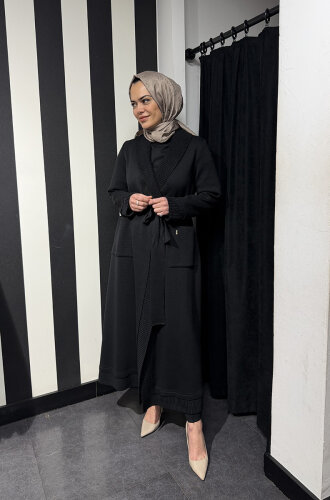 Miss Dalida Beli Kuşaklı Örgü Detaylı Hırka BLACK - 3