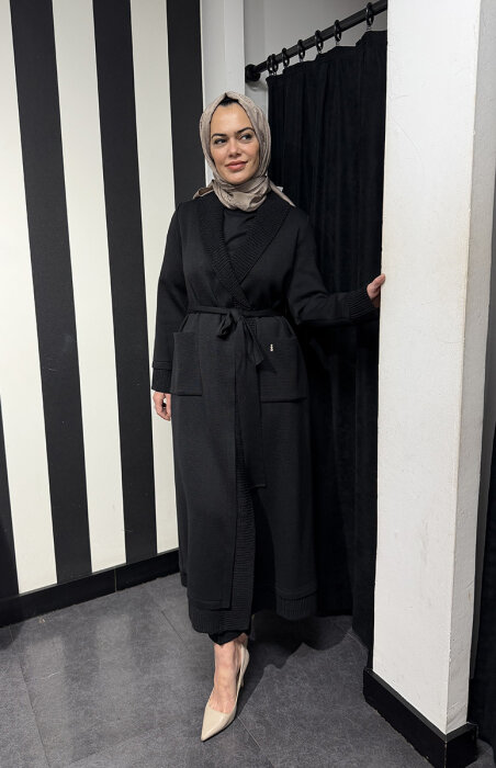 Miss Dalida Beli Kuşaklı Örgü Detaylı Hırka BLACK - 4