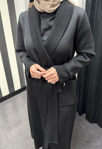 Miss Dalida Beli Kuşaklı Örgü Detaylı Hırka BLACK - 5