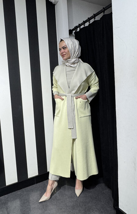 Miss Dalida Beli Kuşaklı Uzun Hırka Felix/Light Yellow - 1