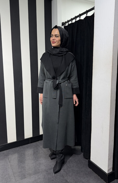 Miss Dalida Beli Kuşaklı Uzun Hırka Vate/Dark Grey - 3