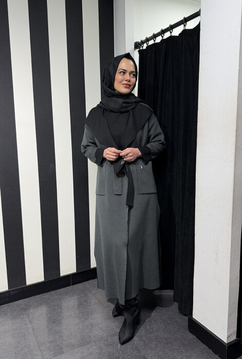 Miss Dalida Beli Kuşaklı Uzun Hırka Vate/Dark Grey - 4
