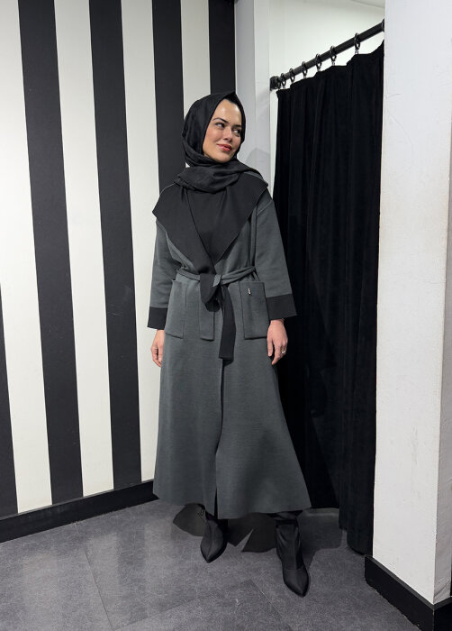 Miss Dalida Beli Kuşaklı Uzun Hırka Vate/Dark Grey - 1