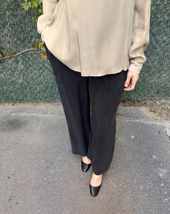 Miss Dalida Beli Lastikli Bol Paça Cupro Pantolon BLACK - 4