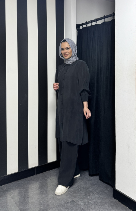 Miss Dalida Beli Lastikli Bol Paça Cupro Pantolon BLACK - 1