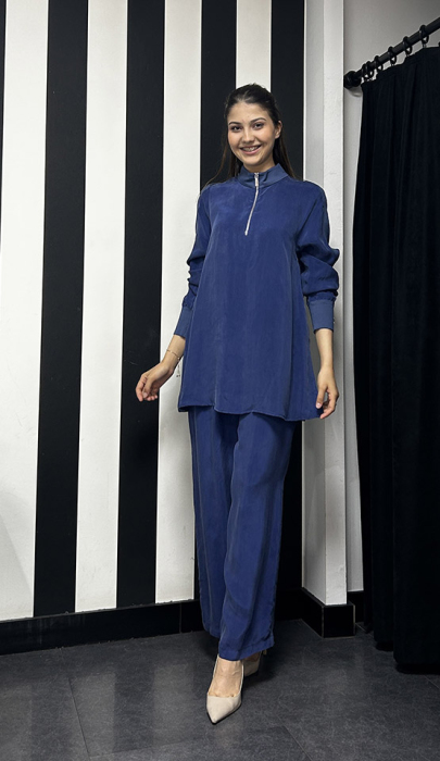 Miss Dalida Beli Lastikli Bol Paça Cupro Pantolon Navy Blue - 2