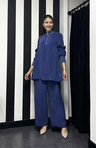 Miss Dalida Beli Lastikli Bol Paça Cupro Pantolon Navy Blue 