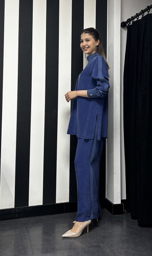 Miss Dalida Beli Lastikli Bol Paça Cupro Pantolon Navy Blue - 3