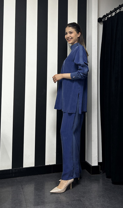 Miss Dalida Beli Lastikli Bol Paça Cupro Pantolon Navy Blue - 3