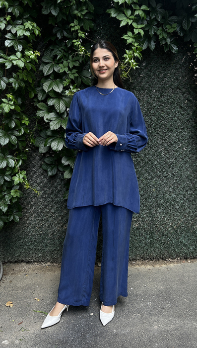Miss Dalida Beli Lastikli Bol Paça Cupro Pantolon Navy Blue - 2