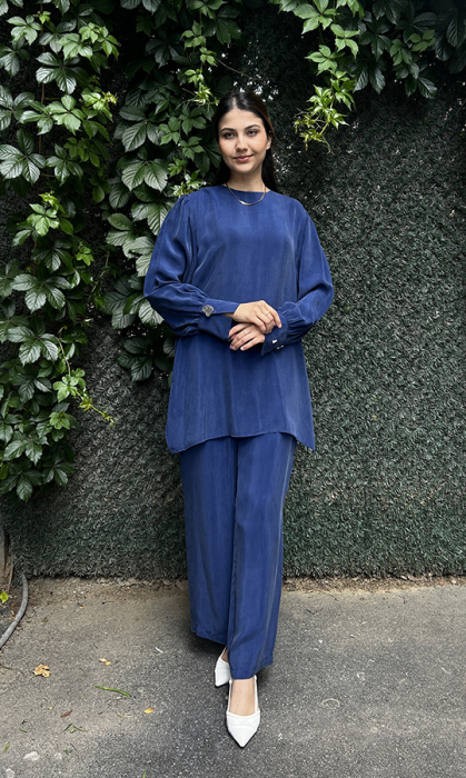 Miss Dalida Beli Lastikli Bol Paça Cupro Pantolon Navy Blue - 1