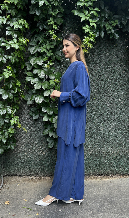 Miss Dalida Beli Lastikli Bol Paça Cupro Pantolon Navy Blue - 3
