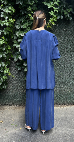 Miss Dalida Beli Lastikli Bol Paça Cupro Pantolon Navy Blue - 4