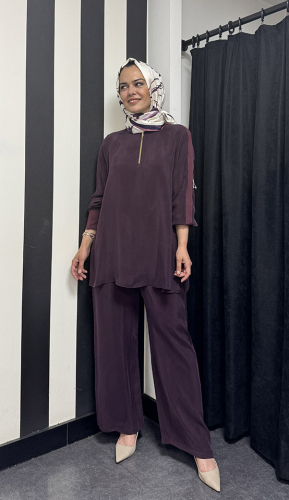 Miss Dalida Beli Lastikli Bol Paça Cupro Pantolon Oubergine - 3
