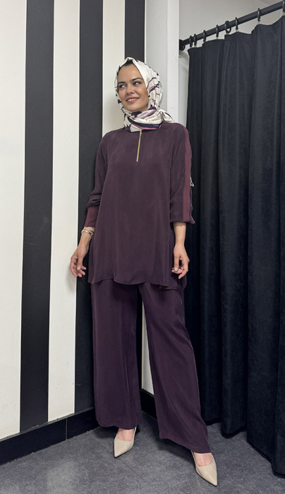 Miss Dalida Beli Lastikli Bol Paça Cupro Pantolon Oubergine - 3