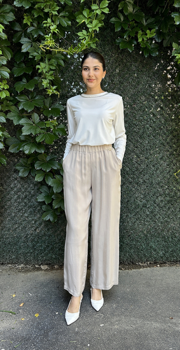 Miss Dalida Beli Lastikli Bol Paça Cupro Pantolon Stone - 2