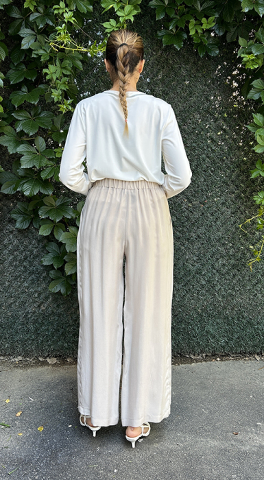 Miss Dalida Beli Lastikli Bol Paça Cupro Pantolon Stone - 3