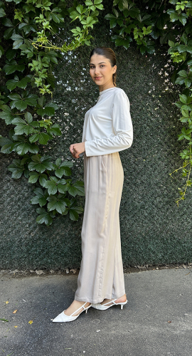 Miss Dalida Beli Lastikli Bol Paça Cupro Pantolon Stone - 4