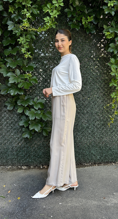 Miss Dalida Beli Lastikli Bol Paça Cupro Pantolon Stone - 4