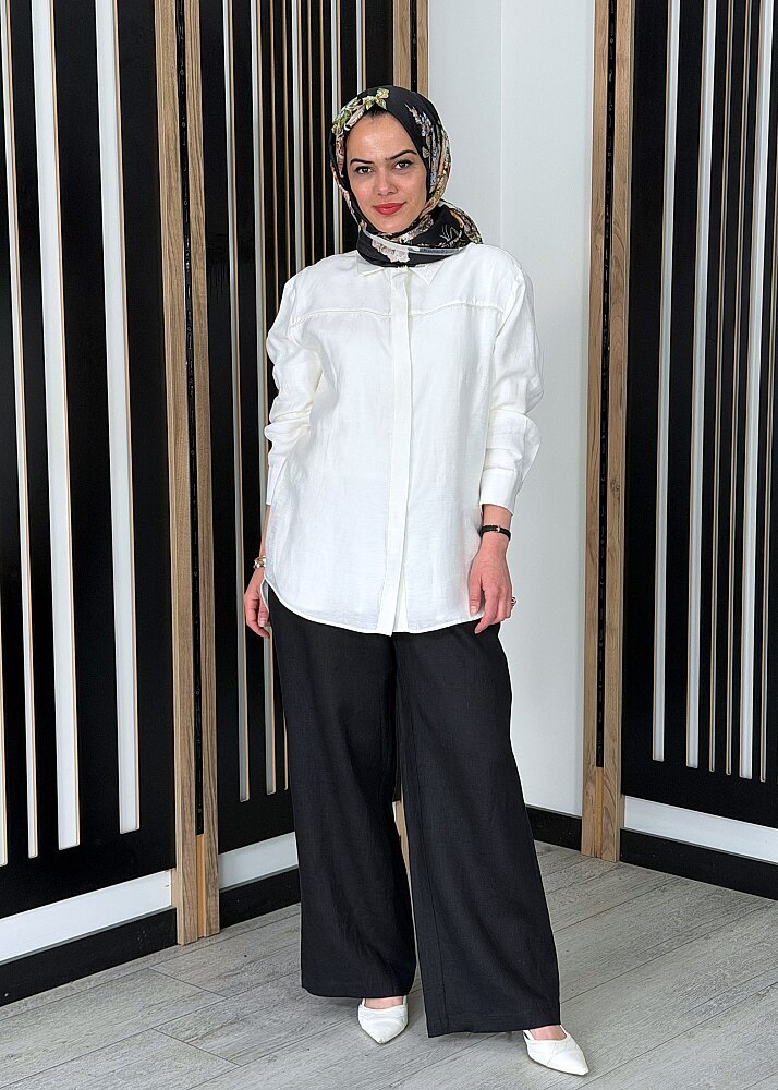 Miss Dalida Beli Lastikli Bol Paça Keten Pantolon BLACK