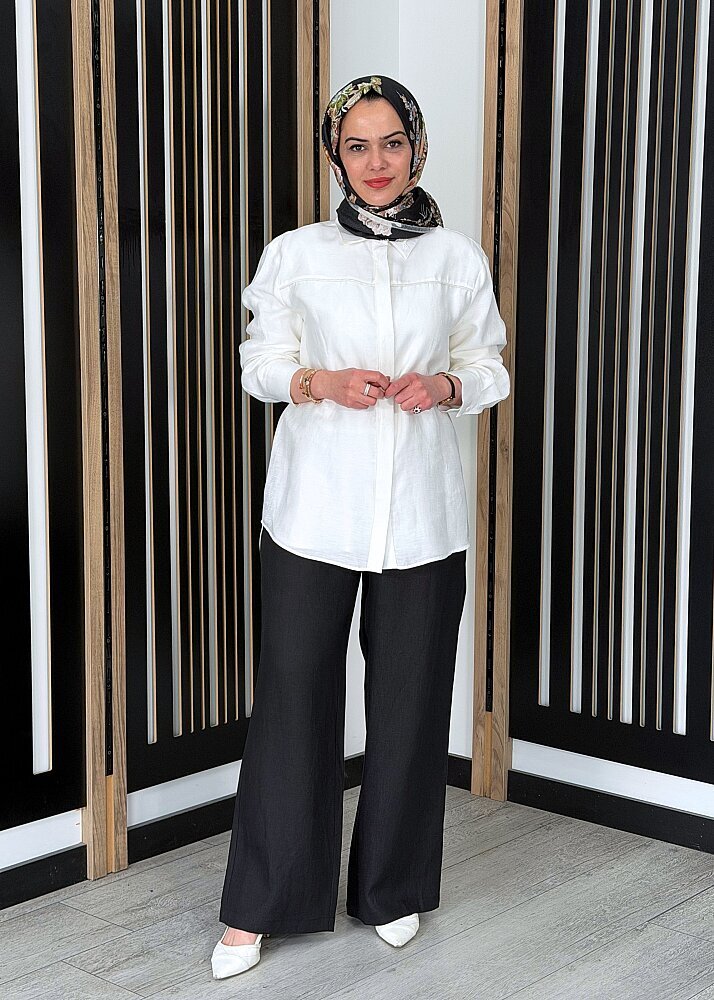 Miss Dalida Beli Lastikli Bol Paça Keten Pantolon BLACK - 3