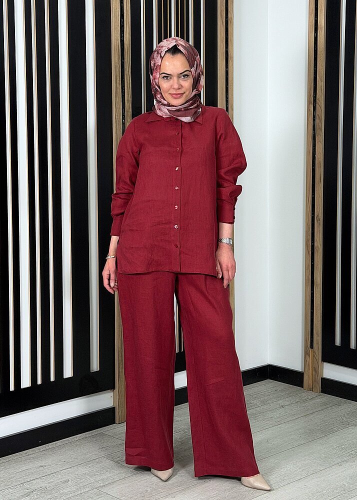 Miss Dalida Beli Lastikli Bol Paça Keten Pantolon Cherry