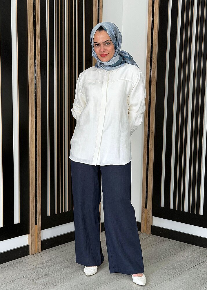 Miss Dalida Beli Lastikli Bol Paça Keten Pantolon Dark Navy