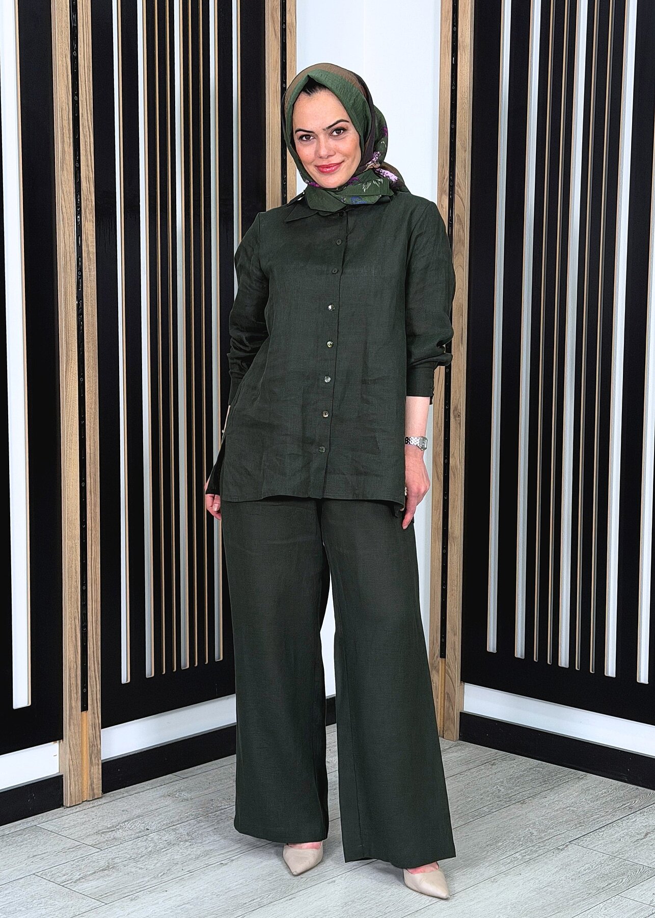 Miss Dalida Beli Lastikli Bol Paça Keten Pantolon KHAKİ - 1