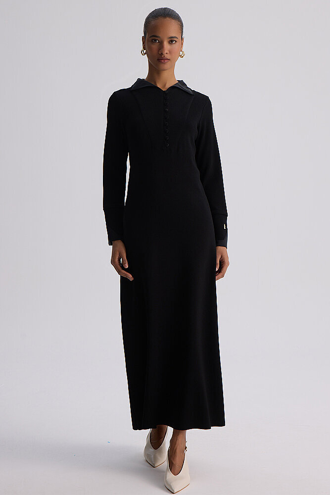 Miss Dalida Bilek Detaylı Düz Renk Triko Elbise BLACK - 3