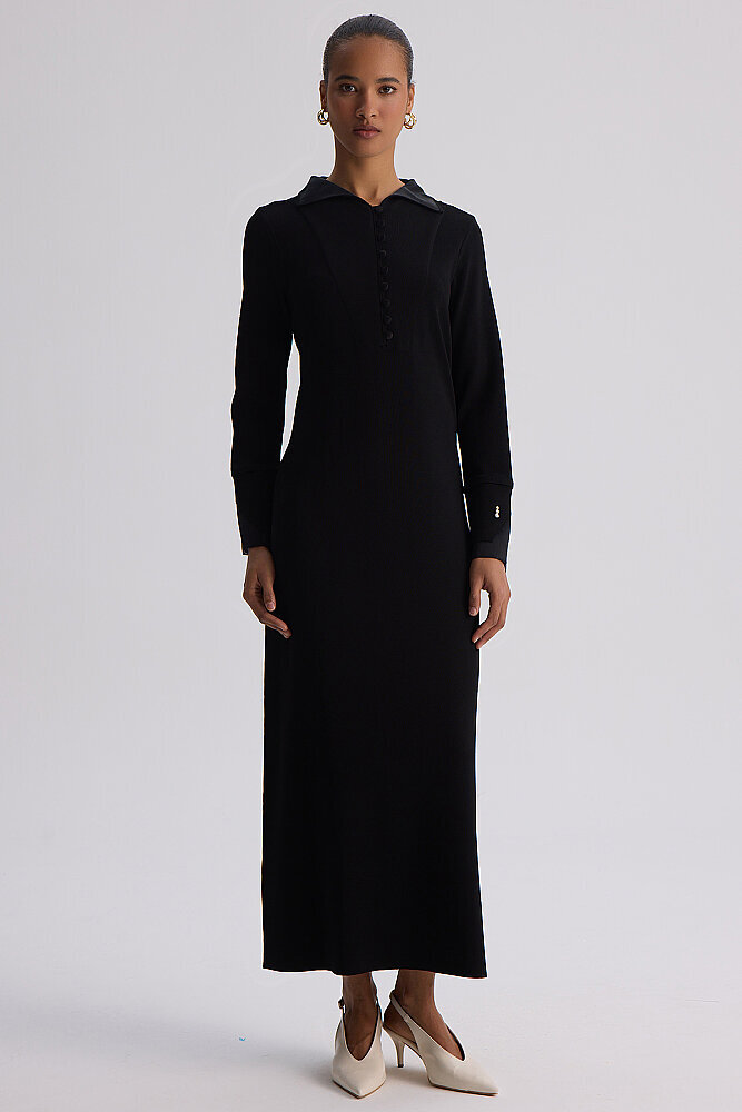 Miss Dalida Bilek Detaylı Düz Renk Triko Elbise BLACK - 4