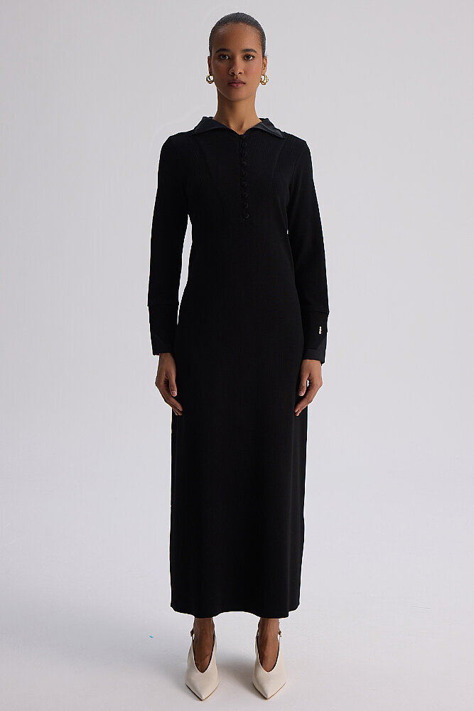 Miss Dalida Bilek Detaylı Düz Renk Triko Elbise BLACK - 7