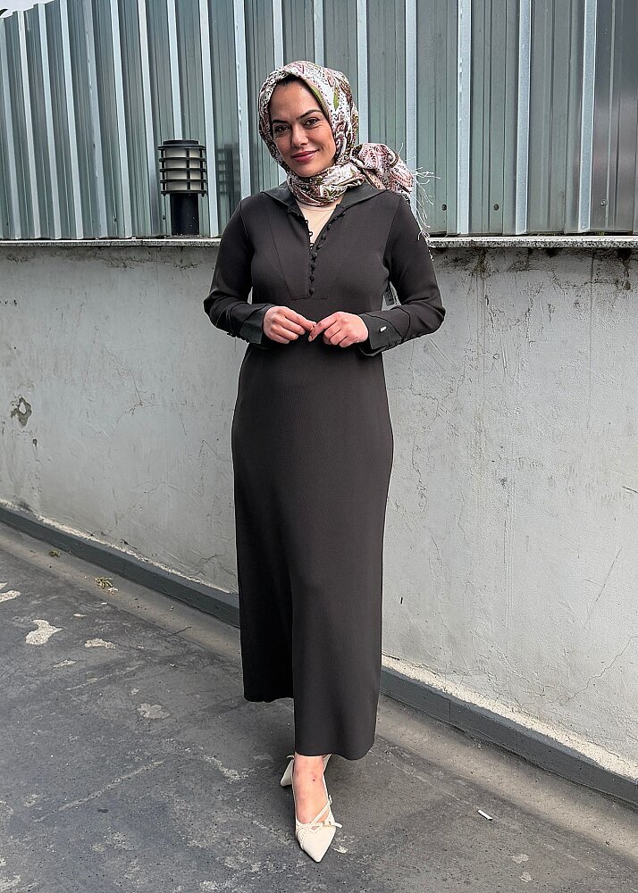 Miss Dalida Bilek Detaylı Düz Renk Triko Elbise KHAKİ