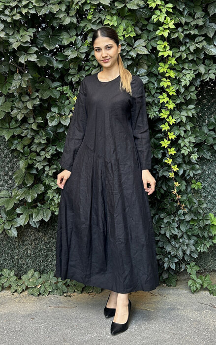 Miss Dalida Black Kendinden Parçalı Uzun Keten Elbise BLACK - 1