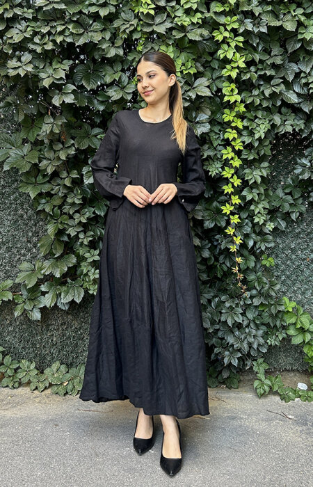 Miss Dalida Black Kendinden Parçalı Uzun Keten Elbise BLACK - 2
