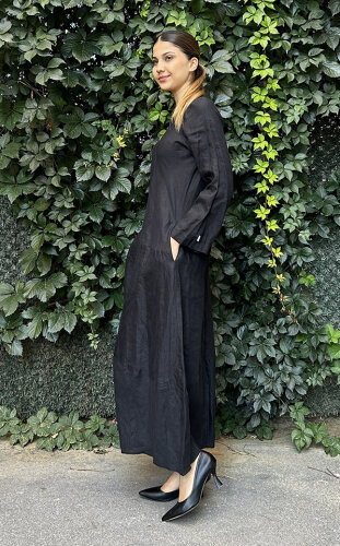 Miss Dalida Black Kendinden Parçalı Uzun Keten Elbise BLACK - 3