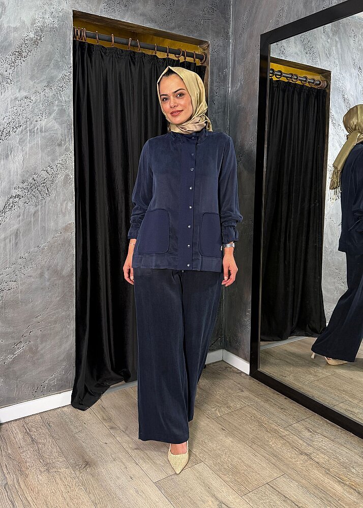 Miss Dalida Bol Paça Klasik Cupro Pantolon Navy