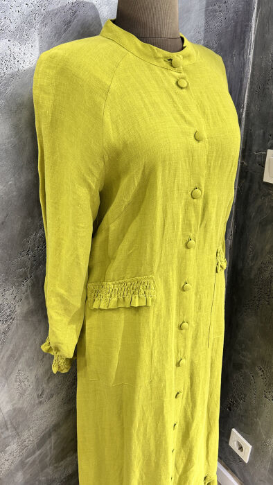 Miss Dalida Büzgü Detaylı Keten Uzun Ceket olive - 2