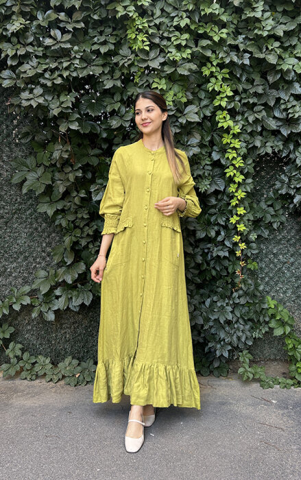 Miss Dalida Büzgü Detaylı Keten Uzun Ceket olive - 1