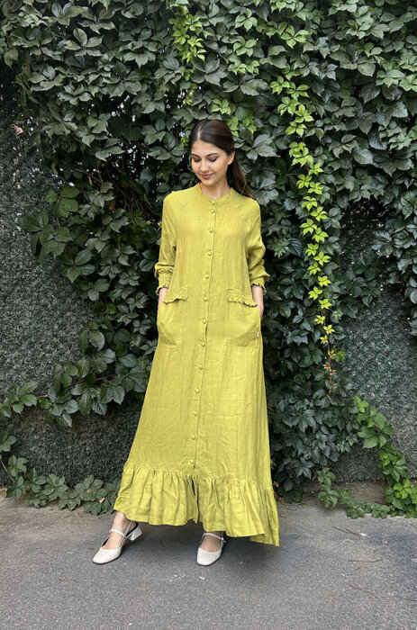 Miss Dalida Büzgü Detaylı Keten Uzun Ceket olive - 5