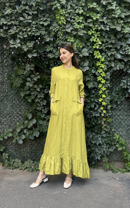 Miss Dalida Büzgü Detaylı Keten Uzun Ceket olive - 4