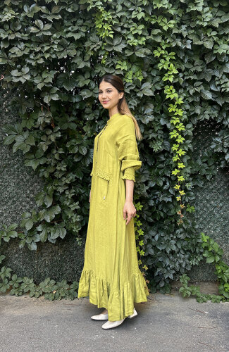 Miss Dalida Büzgü Detaylı Keten Uzun Ceket olive - 2